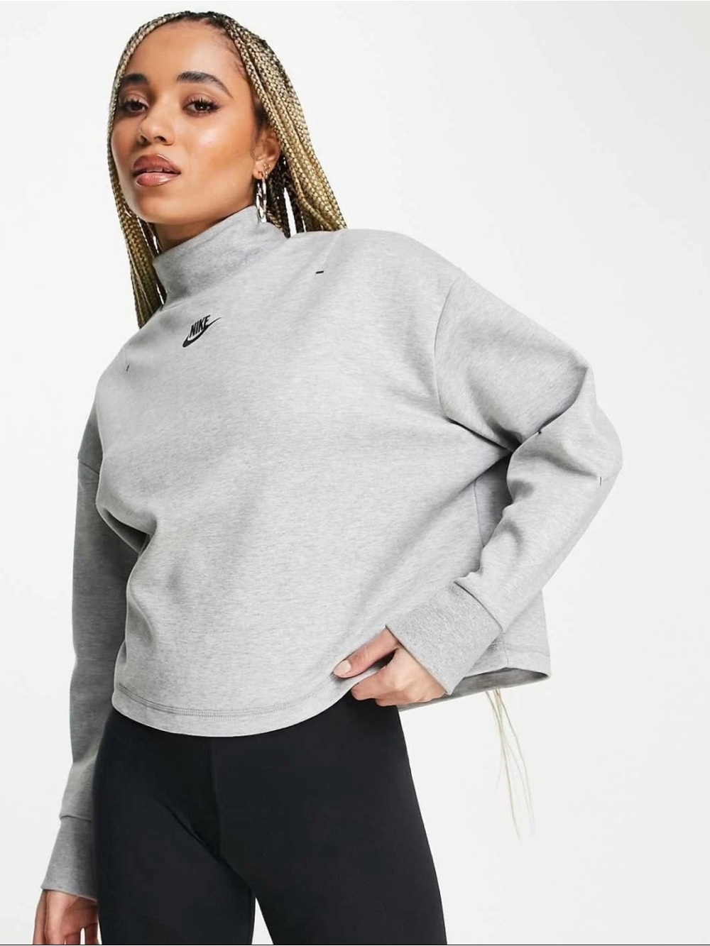 Nike Grey Mock-Neck Cropped Sweatshirt with Swoosh
